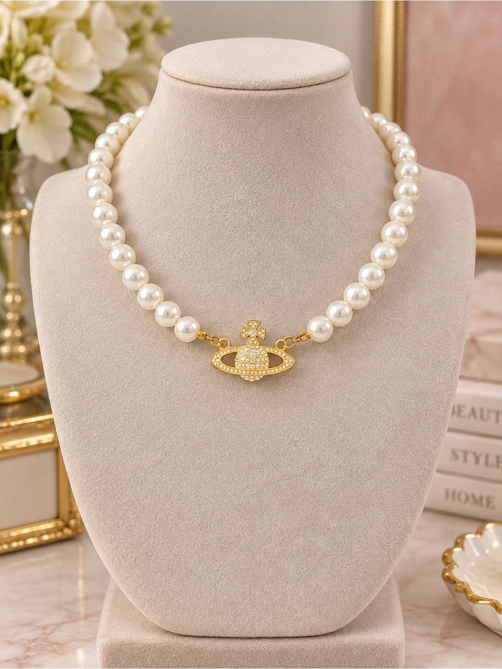 Gold Tone & Rhinestones Orb Planet Glass Pearl Choker Necklace Statement Jewelry